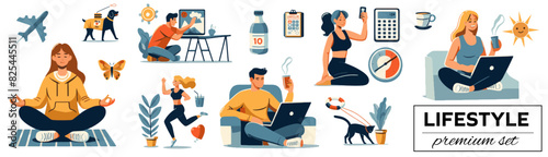 Transparent SET of png or vector scenes Collection of people Modern lifestyle,Modern lifestyle Work from home Fitness routine Relaxation time Indoor greenery Pet care Tech interaction Healthy living