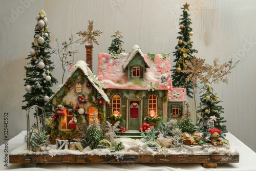 Detailed miniature christmas house with snowcovered trees and decorations © anatolir