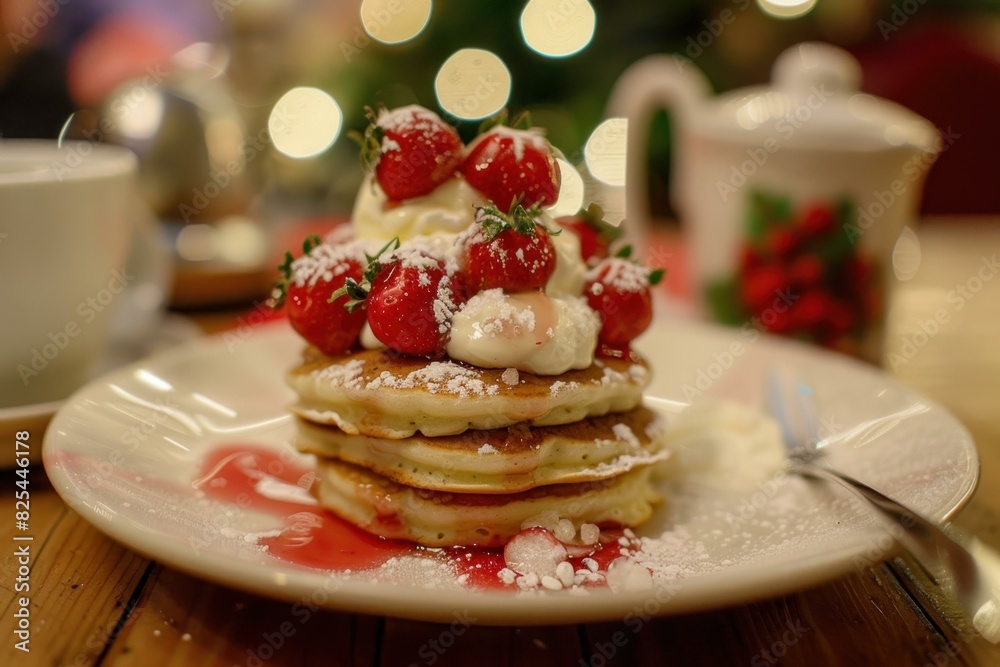 Closeup of a strawberrytopped pancake stack on a festive table Closeup of a strawberrytopped pancake stack on a festive table