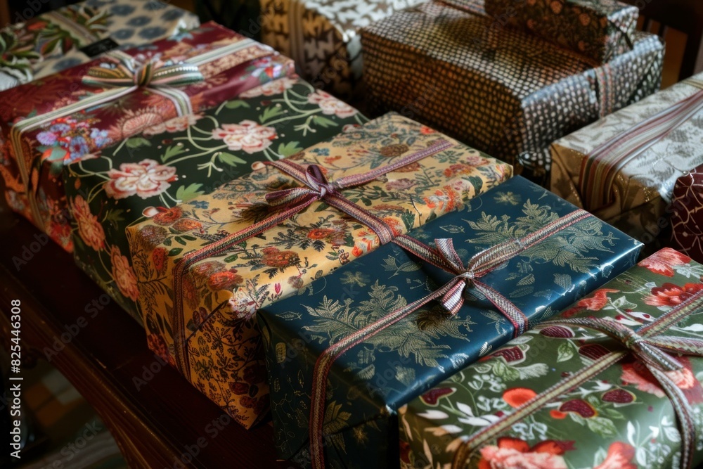 Decorative gift boxes with ornate patterns and colorful ribbons on a wooden surface