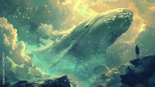 A large whale is floating in the sky above a person