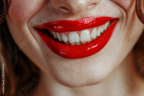 AI generated illustration of a young woman smiling with red lipstick on her lips