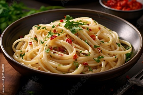 Classic Italian pasta dish with spaghetti  pancetta  and fresh herbs.