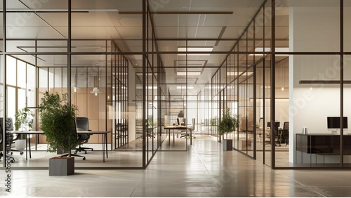 A modern office with glass partitions creating workspaces photo