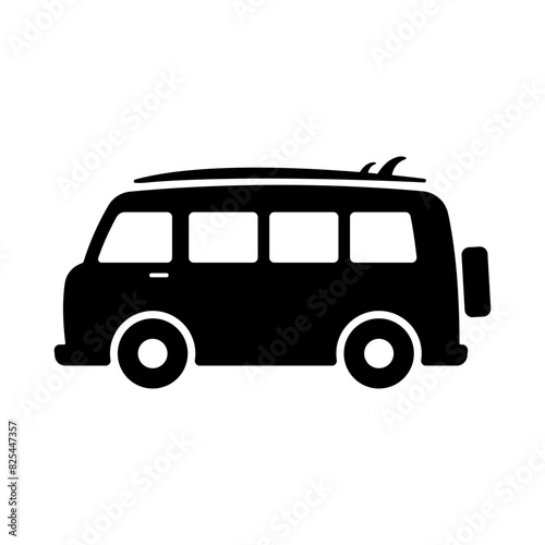 Minibus with surfboard icon. Minivan. Black silhouette. Side view. Vector simple flat graphic illustration. Isolated object on a white background. Isolate.