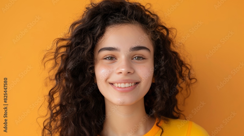 Portrait of young happy woman looks in camera Portrait of young happy woman looks in camera