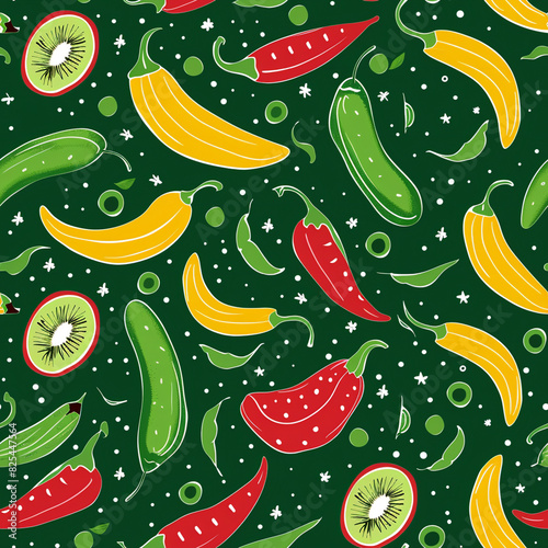 Seamless pattern with vegetables peppers, illustration vegetarian background with healthy organic food. photo