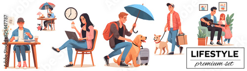 Infographic, Transparent SET of png or vector scenes, Collection of people, Modern lifestyle, Work from home, walking the dog, playing the guitar, free time, Indoor greenery, Pet care, Flat vector