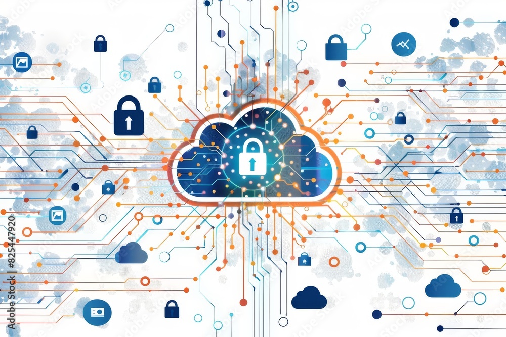 Obraz premium Creative Cloud Security Illustration with Lock and Tech Elements in Modern Vector Style