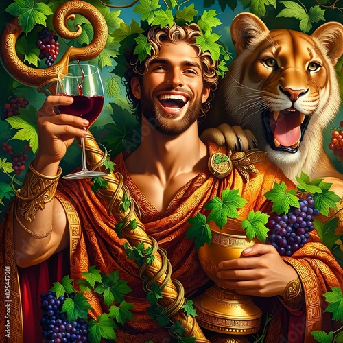  Dionysus, the god of wine and festivity, with a hearty laugh and a glass of red wine raised in a toast. Joy and Abundance. Surrounded by grapes and vine leaves. Harvest. A big cat. Generative AI