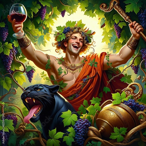  Dionysus, the god of wine and festivity, with a hearty laugh and a glass of red wine raised in a toast. Joy and Abundance. Surrounded by grapes and vine leaves. Harvest. A Panther. Generative AI