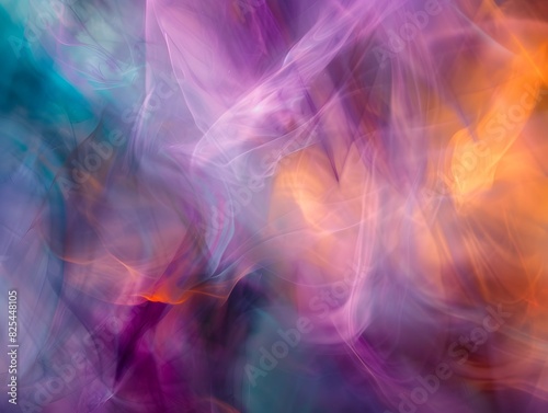 An abstract photograph of an iridescent  holographic  rainbow colored glowing sheet with a blurry purple and teal color scheme 