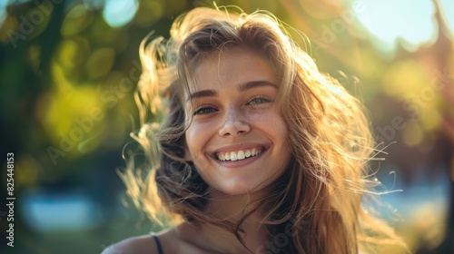 Portrait of young happy woman looks in camera