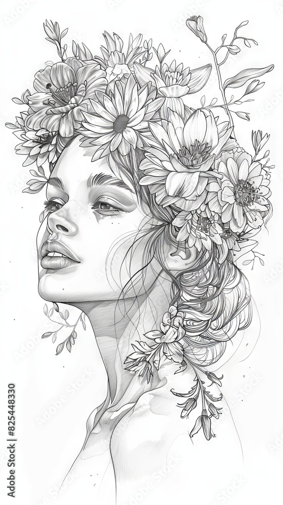 Clean line drawing of a woman with a crown of flowers Clean line drawing of a woman with a crown of flowers