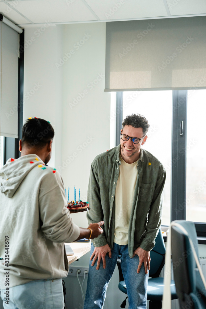 Colleague congratulate a man on his birthday Colleague congratulate a man on his birthday