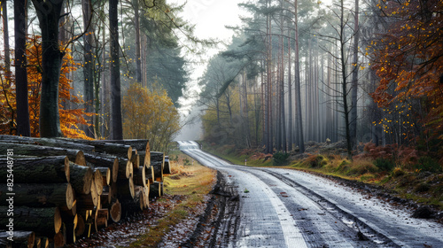 A road in the forest with stacked wood for commercial use.  photo