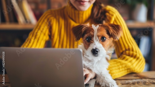 Woman Working with Adorable Dog photo