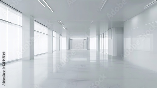 White Open Space Office Interior with Blank Walls  