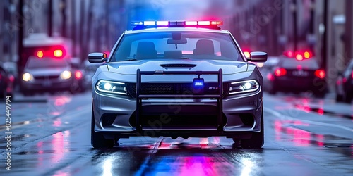 Police car with flashing sirens. Concept Law enforcement, Emergency vehicle, Police lights, Siren alert, Crime prevention photo