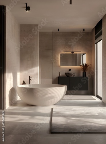 A modern bathroom with an oval bathtub  illuminated by soft lighting from the ceiling and wall lights