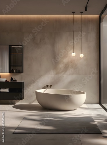 A modern bathroom with an oval bathtub  illuminated by soft lighting from the ceiling and wall lights