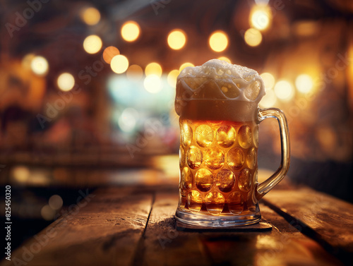 Boccale di birra bionda con schiuma in un bancone rustico di un pub, atmosfera calda