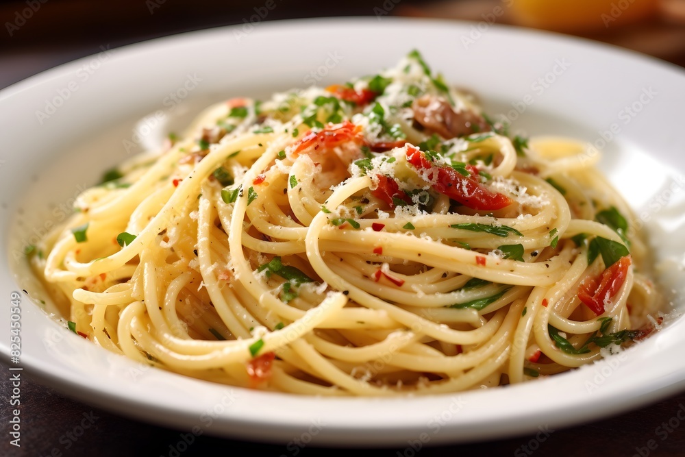 Classic Italian pasta dish with spaghetti, pancetta, and fresh herbs. Classic Italian pasta dish with spaghetti, pancetta, and fresh herbs.