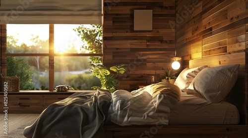 Wooden Home Bedroom Interior with Bed

