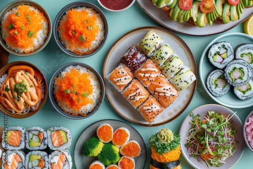 Table Set With Plates of Sushi and Other Foods