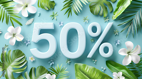 Tropical leaves and white flowers with 50% discount text on blue background, summer sale concept, copy space