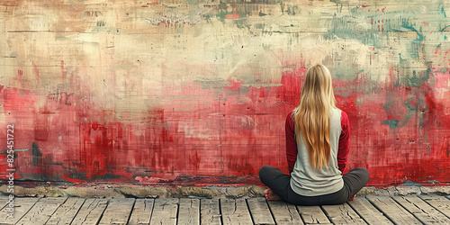 A woman sits on a wooden floor in front of a red wall