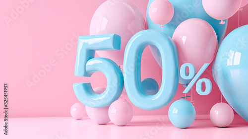 Blue 50% discount text with glossy 3D effect surrounded by blue and pink balloons on a pink background, festive design, and copy space
