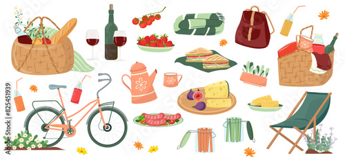 Set of summer picnic dining design elements. Cartoon flat picnic baskets full of delicious, snack, fruits, bakery and sandwiches for relax outdoor. Vector clipart with hampers for food and blanket
