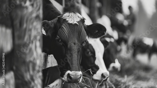 Closeup of black and white Holstein dairy cows eating forage while peeking out from behind stall fence in livestock farm on blurred background of farmer carrying milk can photo