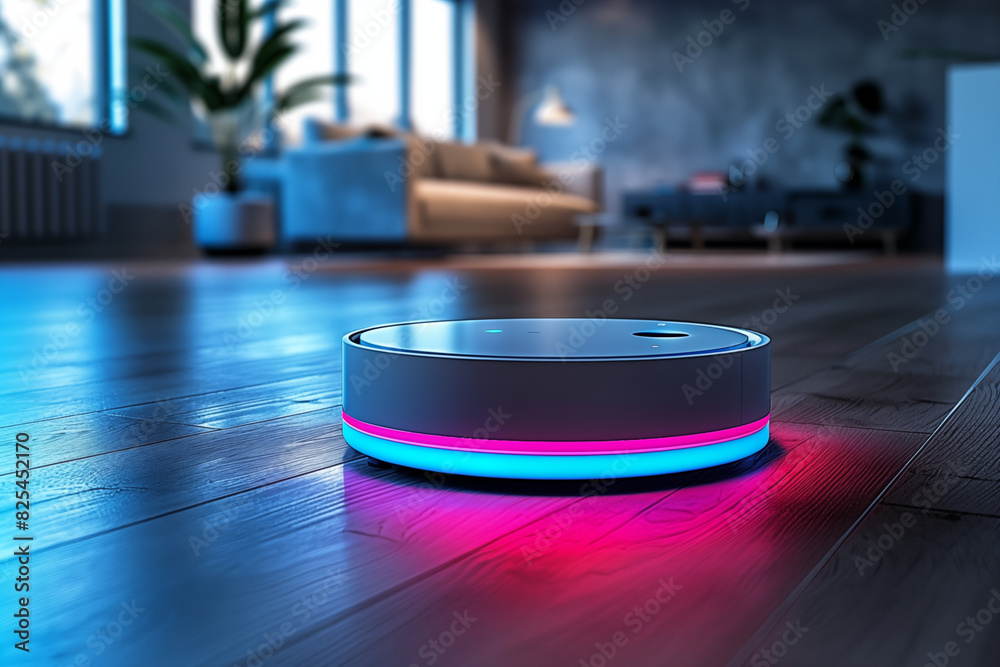 Smart speaker with colored lights reflecting on wooden floor in modern living room. Concept of home automation, smart devices and voice control technology. Smart speaker with colored lights reflecting on wooden floor in modern living room. Concept of home automation, smart devices and voice control technology.