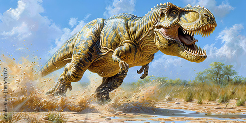 A large T-Rex is running through the desert, leaving a trail of dust behind it © JVLMediaUHD