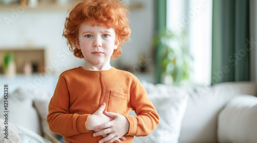 Little red-haired boy suffering from stomach pain, home interior with copy space. The child has a stomach ache.