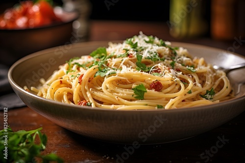 Classic Italian pasta dish with spaghetti, pancetta, and fresh herbs.