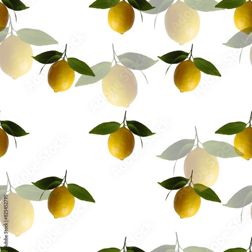A pattern of lemons and leaves is shown in a white background The lemons are arranged in a way that they look like they are hanging from a tree. The leaves are also visible, adding to the natural