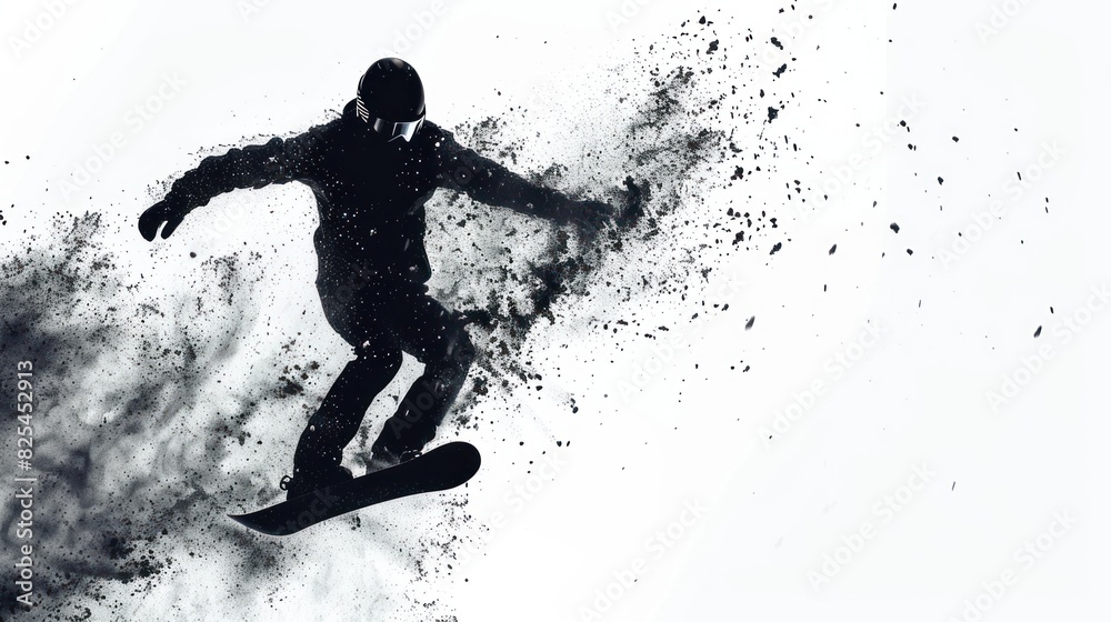 silhouette of a snowboard player from particles. white background.