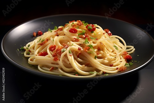Classic Italian pasta dish with spaghetti, pancetta, and fresh herbs.