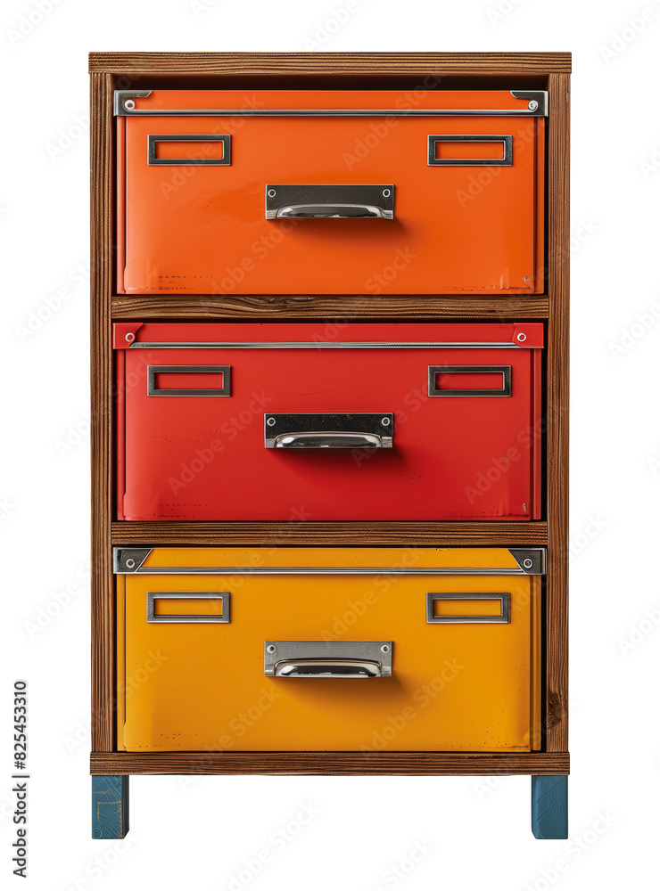 Multicolored wooden filing cabinet with metal handles, cut out - stock png. Multicolored wooden filing cabinet with metal handles, cut out - stock png.