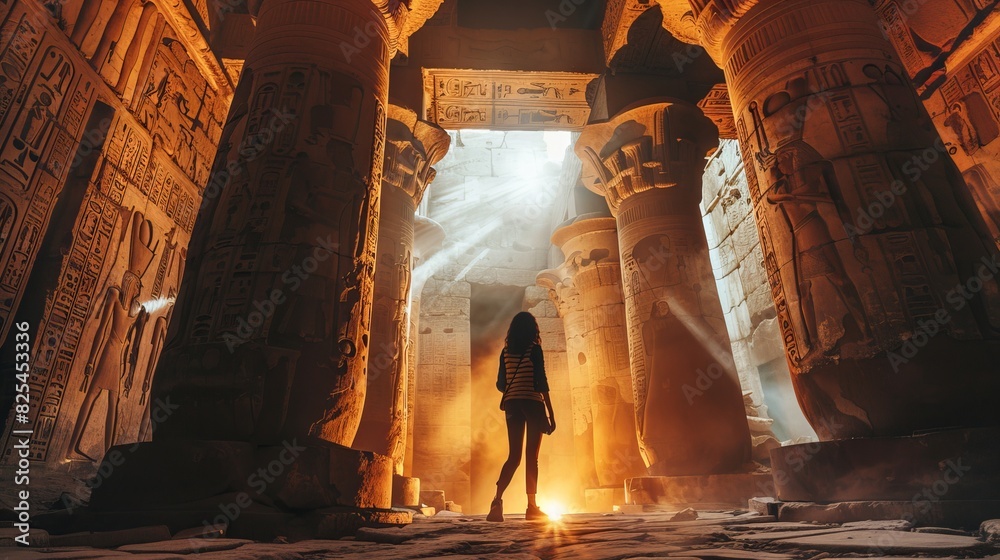 A woman stands in a dark, empty room with columns A woman stands in a dark, empty room with columns