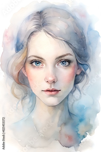 Romantic portrait of a beautiful young girl. Close-up of a beautiful tender girl about 18 years old. Watercolor style