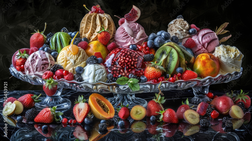 A glass bowl filled with an assortment of fresh and colorful fruit, showcasing a vibrant mix of textures and flavors