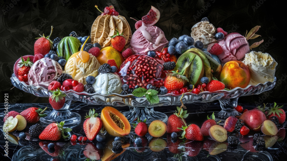 A glass bowl filled with an assortment of fresh and colorful fruit, showcasing a vibrant mix of textures and flavors A glass bowl filled with an assortment of fresh and colorful fruit, showcasing a vibrant mix of textures and flavors