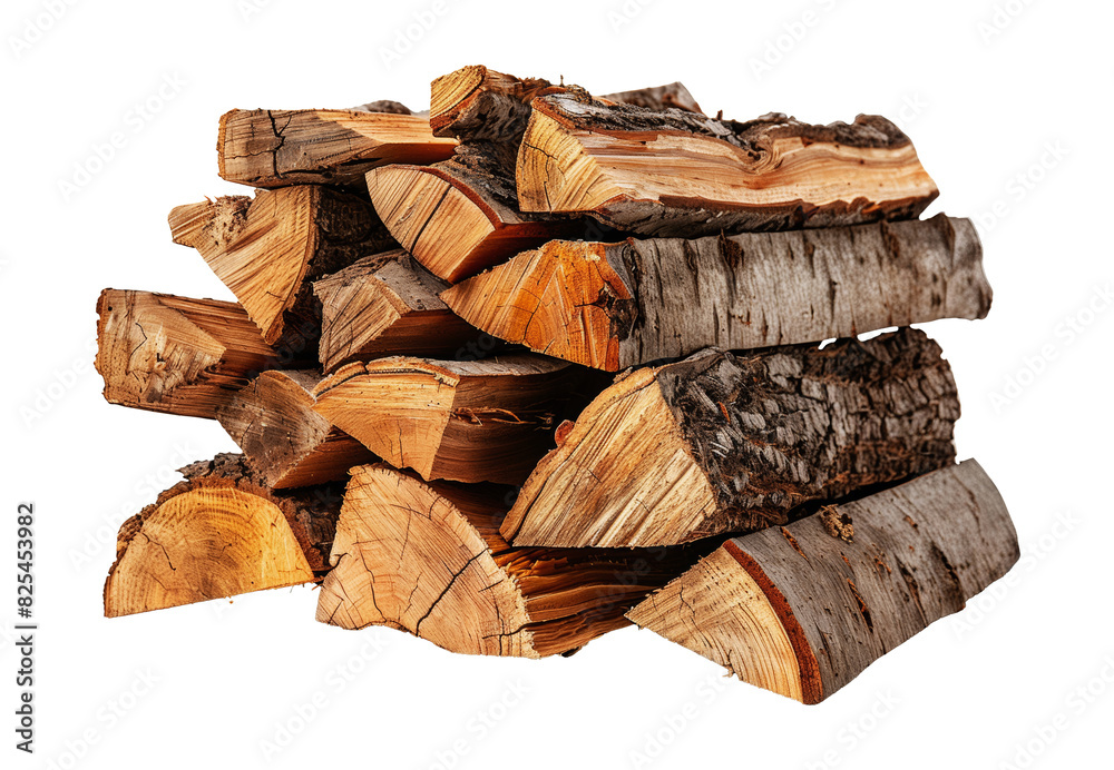 Stacked firewood with natural wood texture, cut out - stock png.
