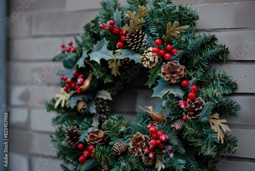 Closeup of a christmas wreath adorned with red berries and pine cones against a blurred background