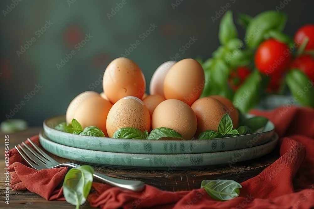 A plate of eggs with a fork and a knife on the table A plate of eggs with a fork and a knife on the table
