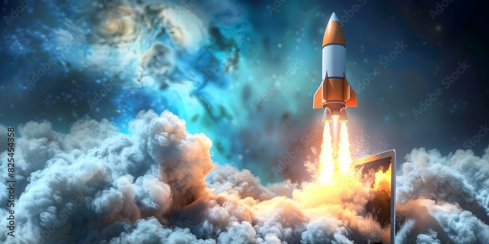 Embarking on an Innovative Startup Journey: Rocket Launching from Laptop Screen. Concept Innovative Startups, Entrepreneurship, Rocket Launching, Tech Innovation, Business Growth